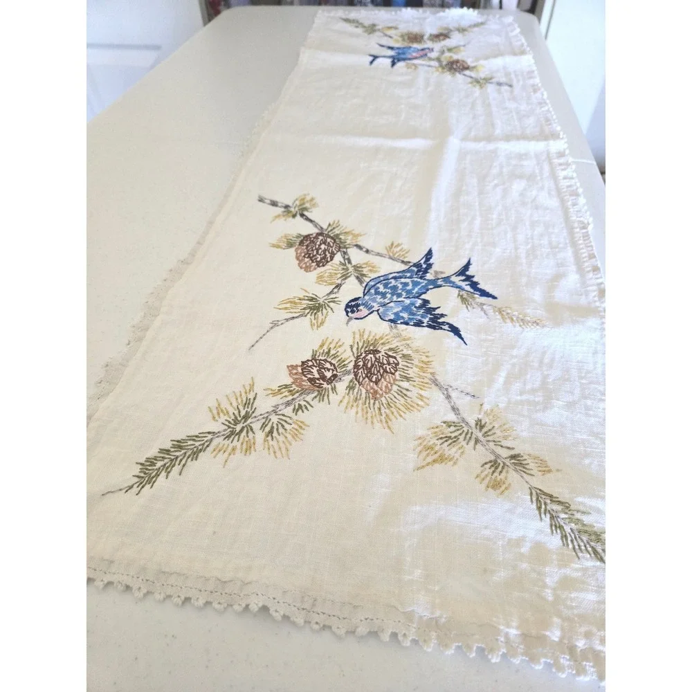 Vintage Hand Embroidered Table Runner Blue Bird Pinecone Lace 13x40 White